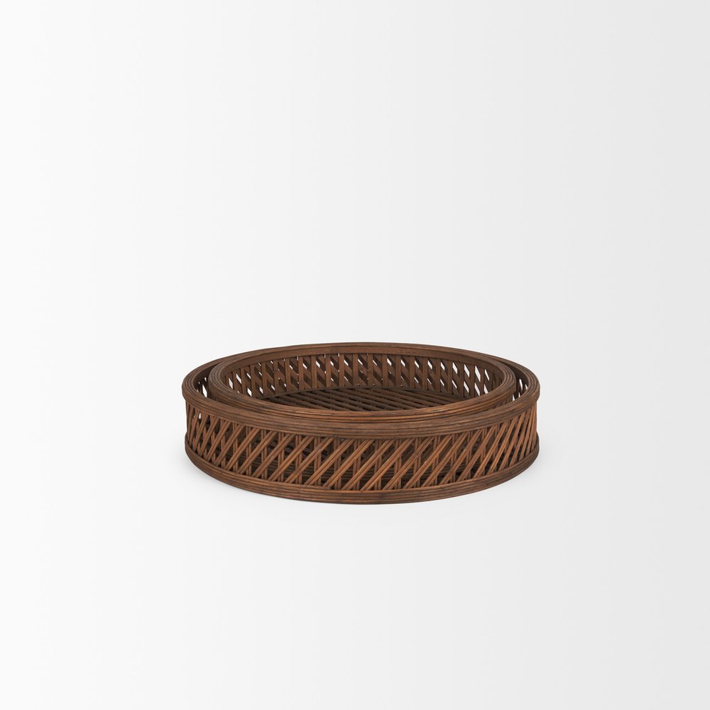 Set of Two Brown Round Wicker Handmade Serving Tray on a white background