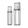 Set of Two Black Distressed Geometric Metal Lantern Candle Holders on a white background