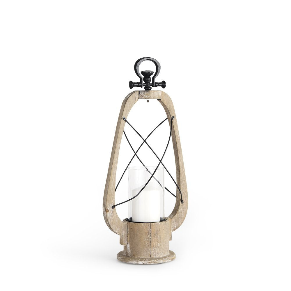 21" Brown And Black Distressed Abstract Solid Wood Metal And Glass Tabletop Lantern Candle Holder