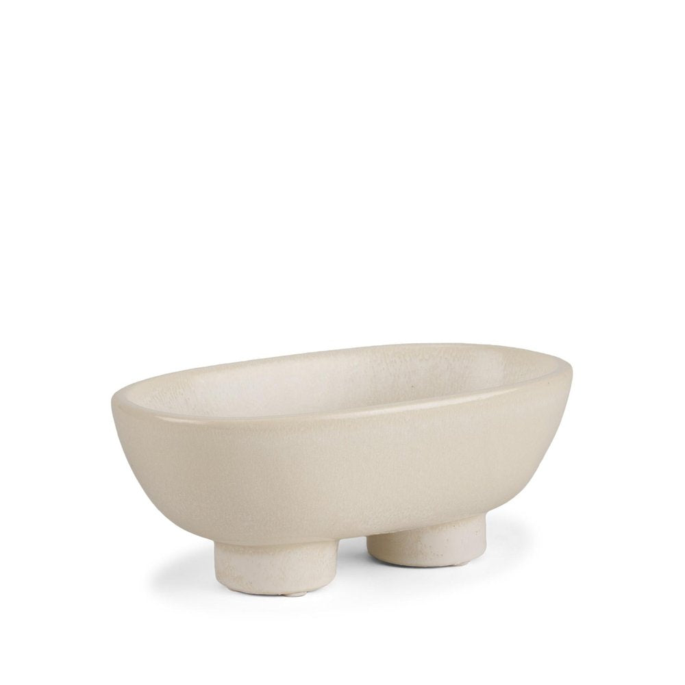 8" Cream Ceramic Oval Pedestal Centerpiece Bowl on a white background