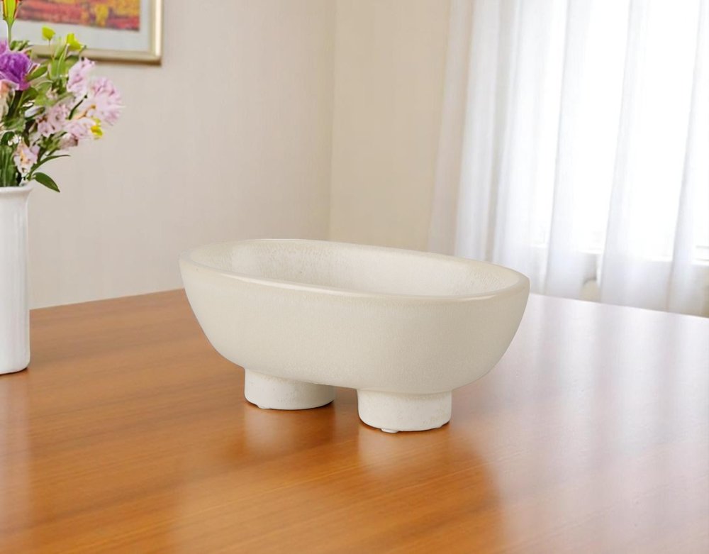8" Cream Ceramic Oval Pedestal Centerpiece Bowl close-up detail