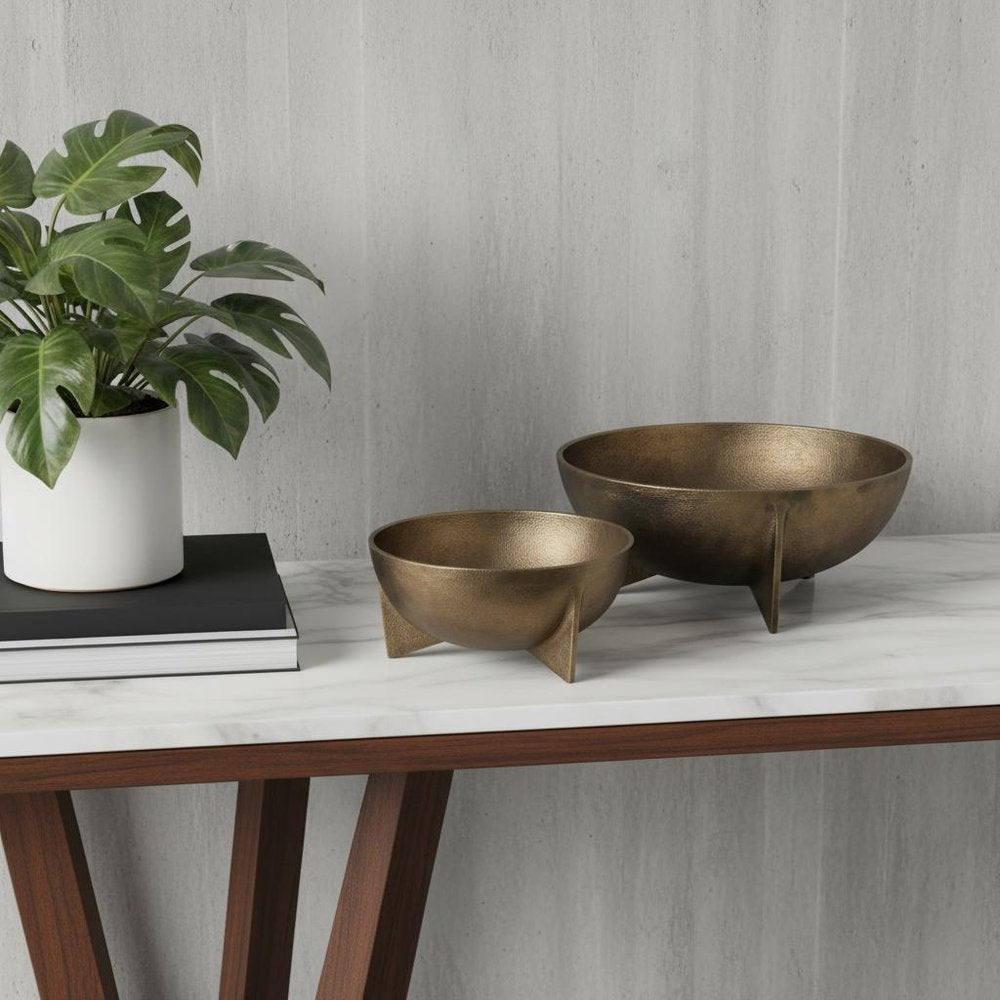 Set of Two Gold Metal Round Centerpiece Bowl in a home interior