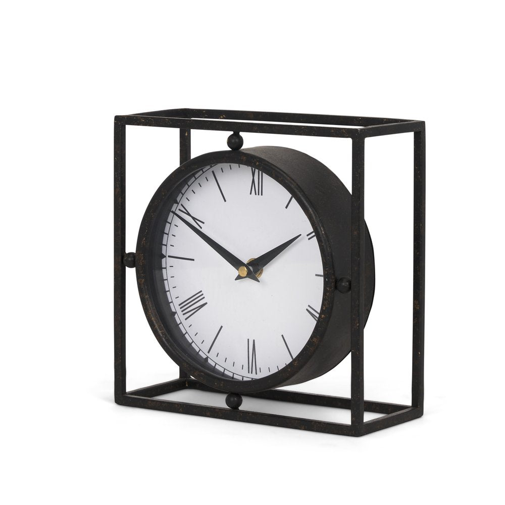 3" Black Distressed Metal Table Clock. Sculpture isolated on a plain white background, finished in black metal.