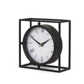 3" Black Distressed Metal Table Clock. Sculpture isolated on a plain white background, finished in black metal.