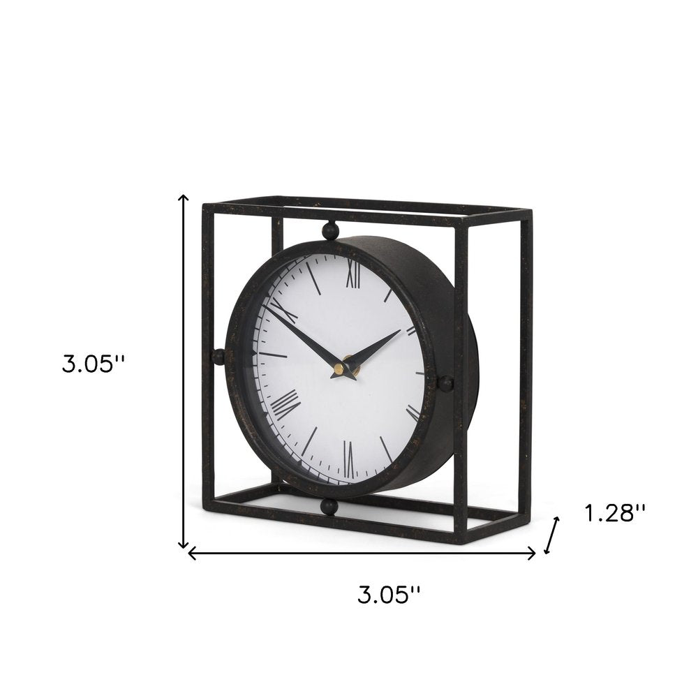 3" Black Distressed Metal Table Clock. Sculpture isolated on a plain white background, showing a black metal surface.