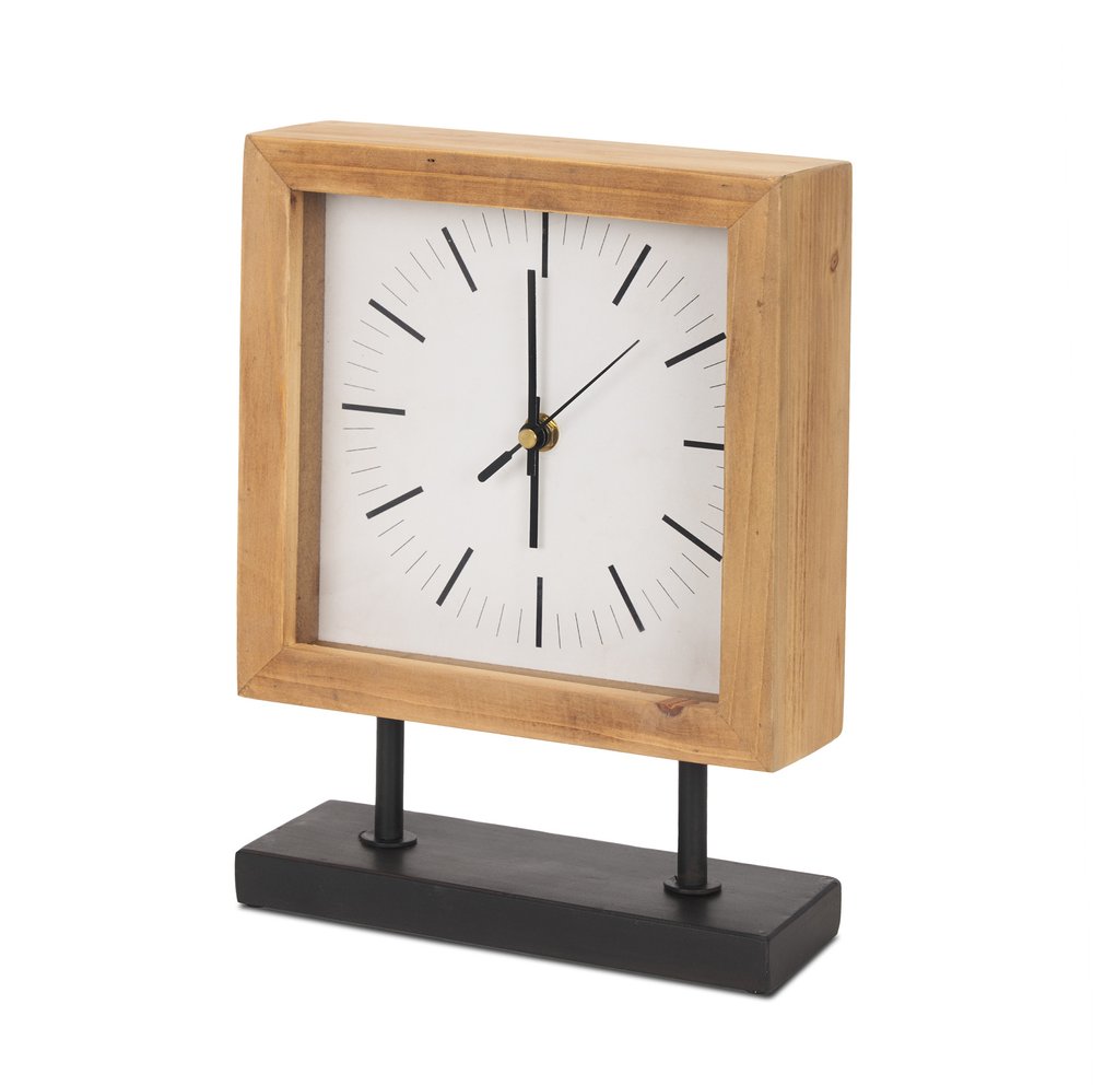 11" Natural And Black Solid Wood And Metal Square Table Clock. Wall clock isolated on a plain white background, finished in black wood.
