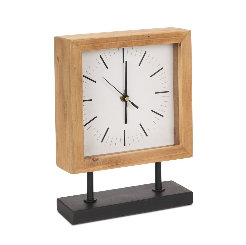11" Natural And Black Solid Wood And Metal Square Table Clock. Wall clock isolated on a plain white background, showing a black wood surface.