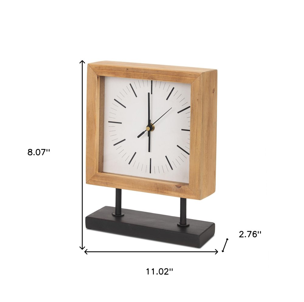 11" Natural And Black Solid Wood And Metal Square Table Clock. Wall clock isolated on a plain white background, showing a black wood surface.