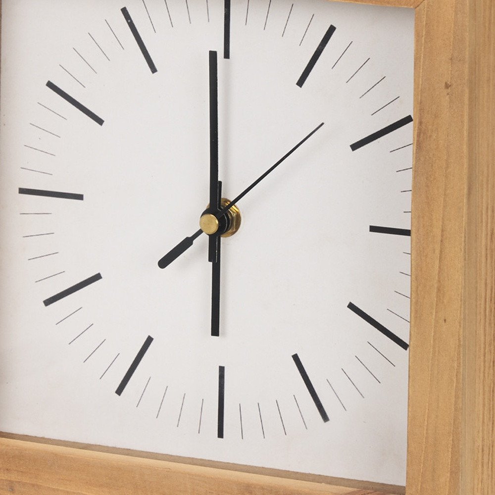 11" Natural And Black Solid Wood And Metal Square Table Clock. Wall clock in tan wood.