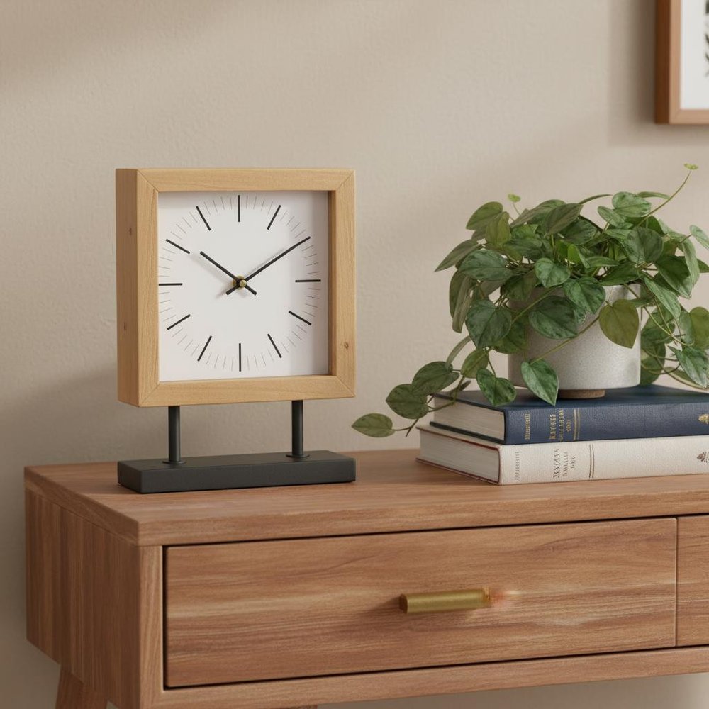 11" Natural And Black Solid Wood And Metal Square Table Clock styled in a furnished interior with a tan wall on a dark wood floor in tan wood.