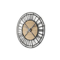 Black and natural iron and wood analog round wall clock on a white background.