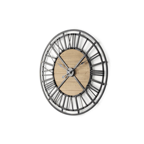 Black and natural iron and wood analog round wall clock on a white background.
