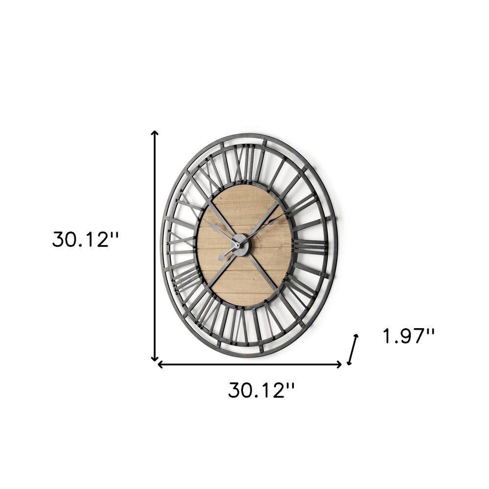 30" Black And Natural Iron And Wood Analog Round Wall Clock