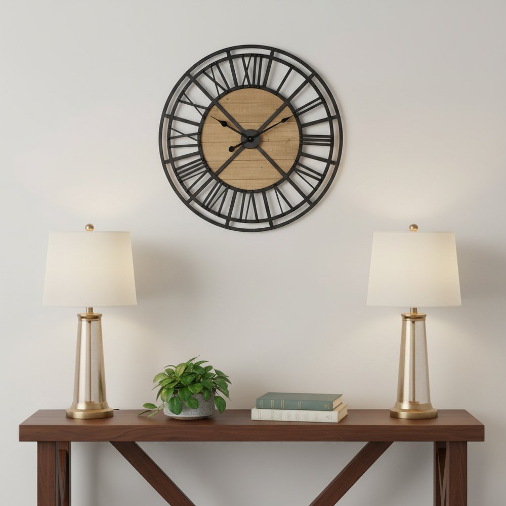 30" Black And Natural Iron And Wood Analog Round Wall Clock styled in a furnished interior with a light gray wall on a tiled floor in tan metal.