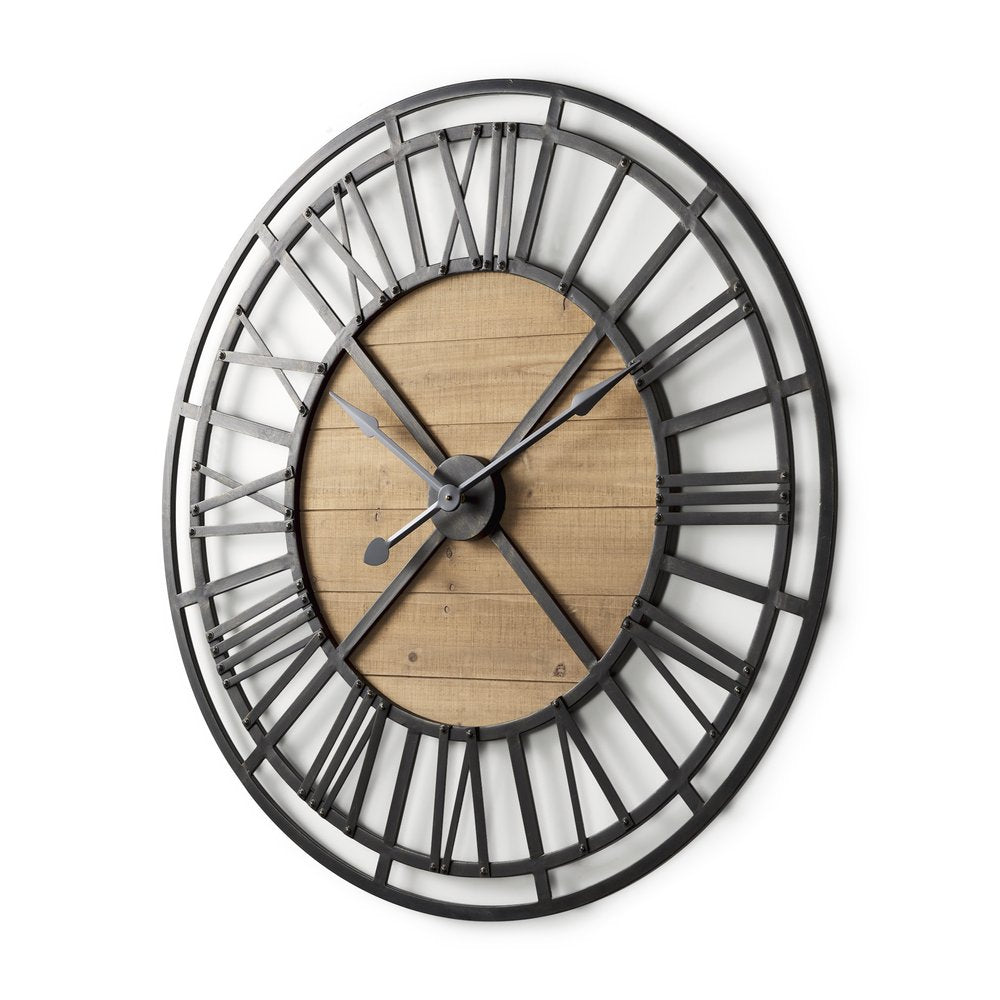 42" Black And Natural Iron And Wood Analog Round Wall Clock