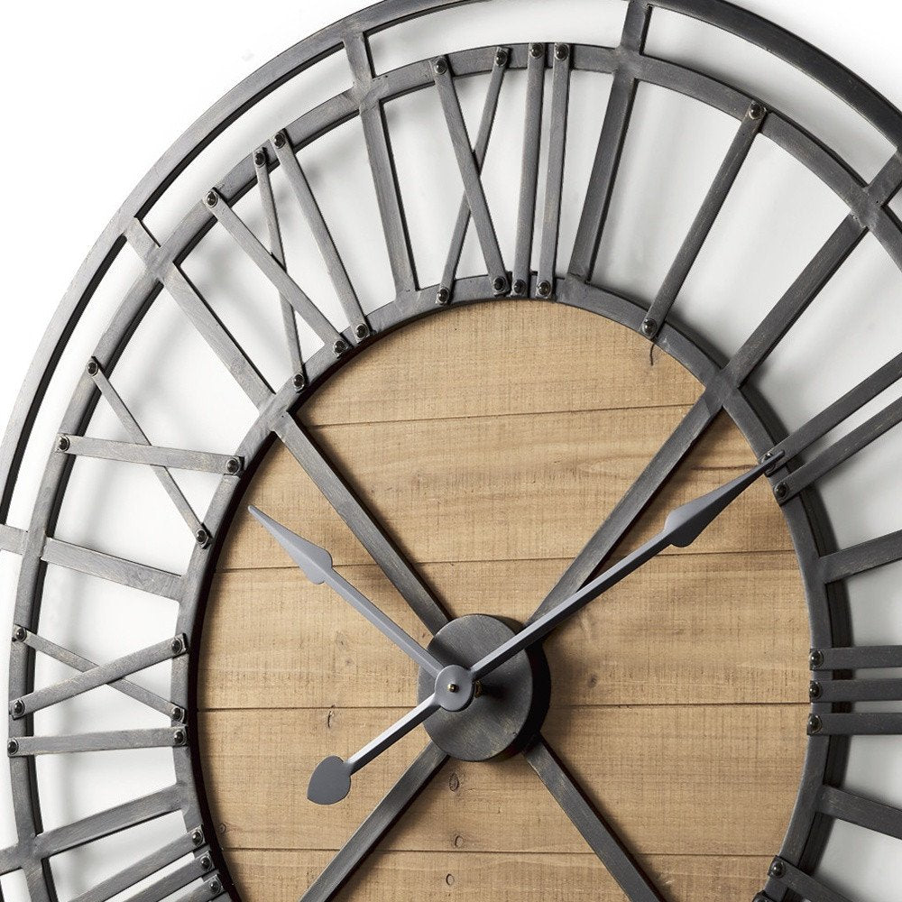 42" Black And Natural Iron And Wood Analog Round Wall Clock