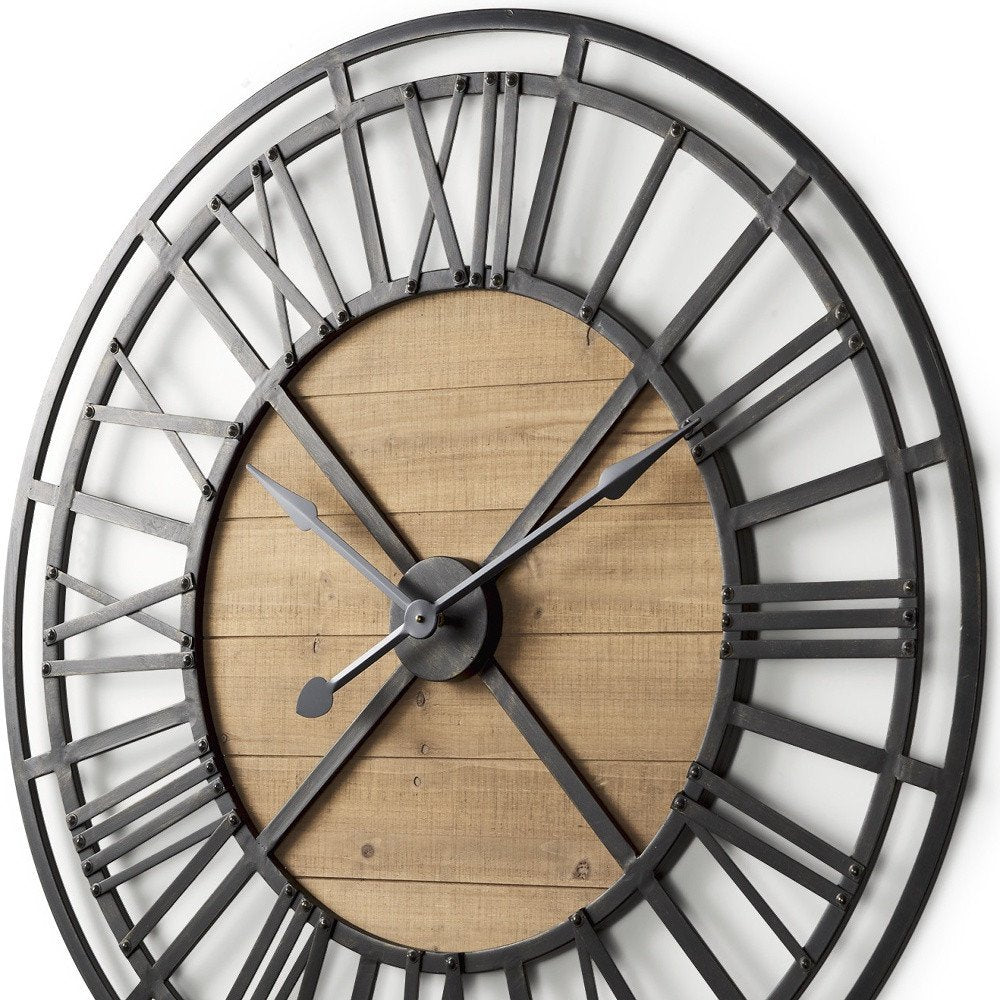 42" Black And Natural Iron And Wood Analog Round Wall Clock