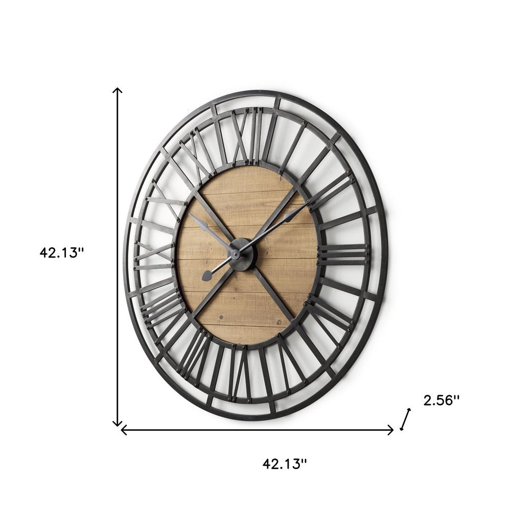 42" Black And Natural Iron And Wood Analog Round Wall Clock
