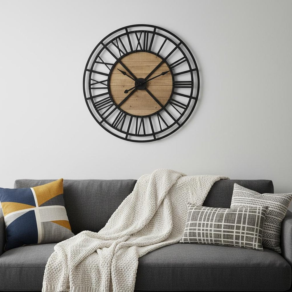 42" Black And Natural Iron And Wood Analog Round Wall Clock