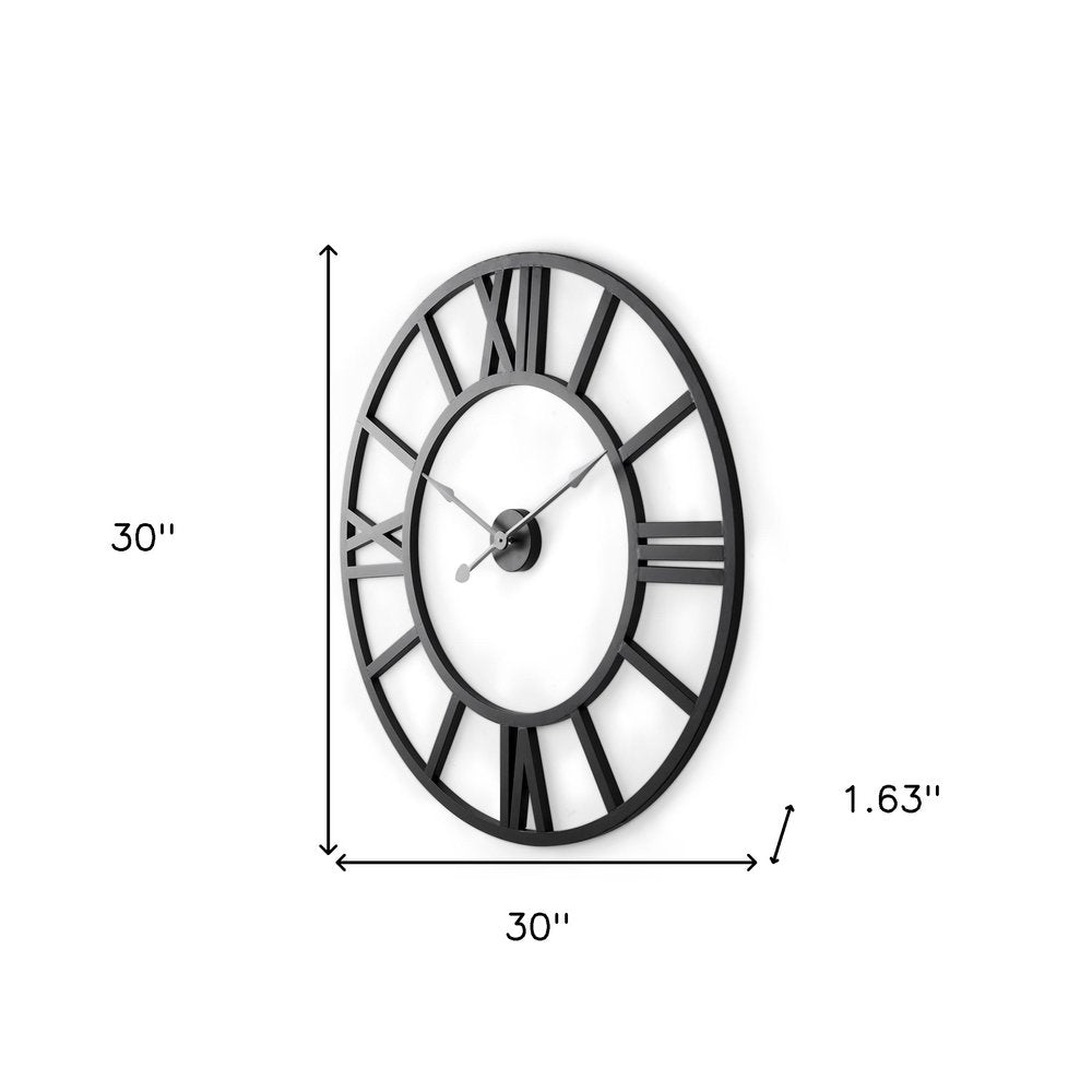30" Black Iron Analog Round Wall Clock. Wall clock isolated on a plain white background, showing a black metal surface.
