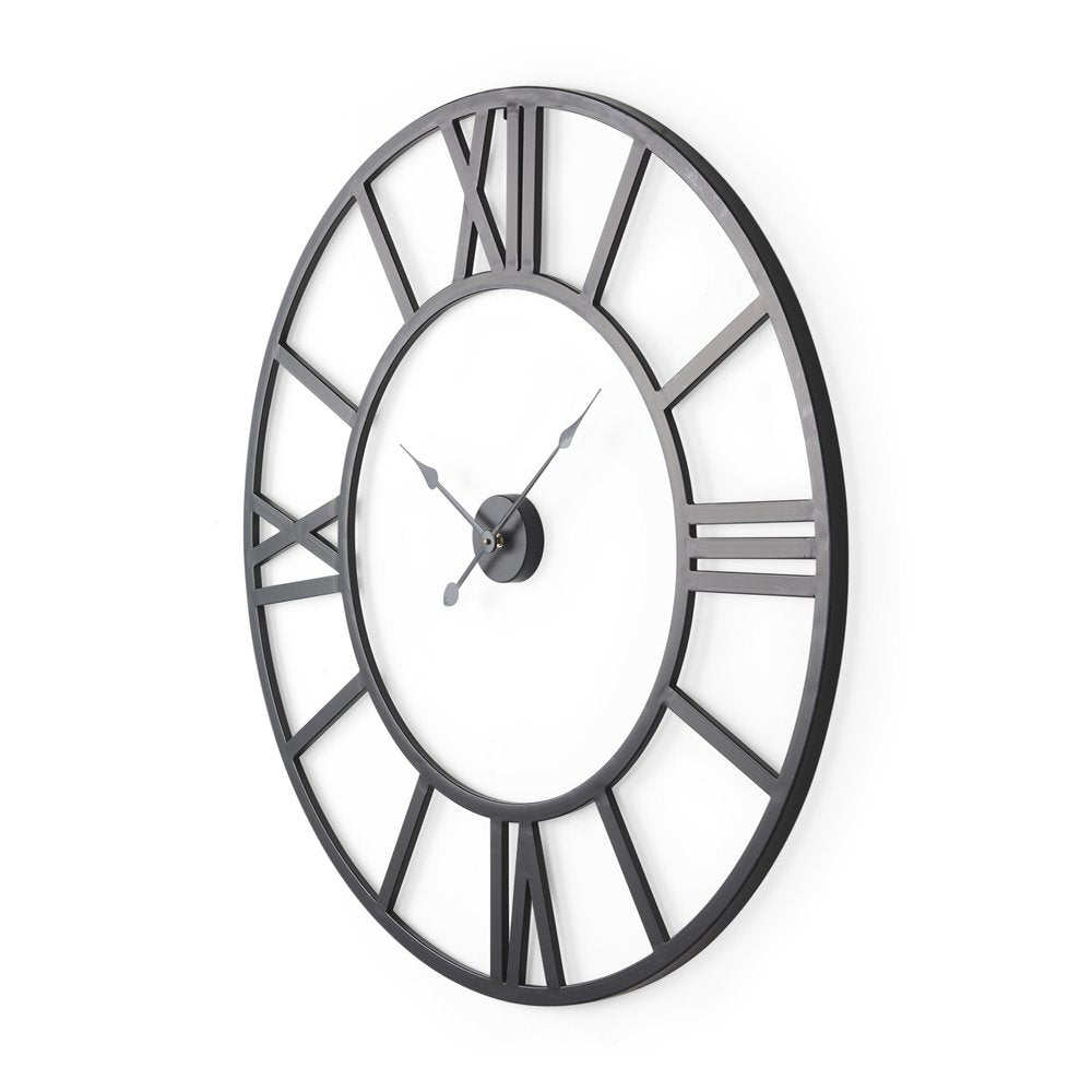 42" Black Iron Analog Round Wall Clock. Wall clock isolated on a plain white background, in a black metal finish.