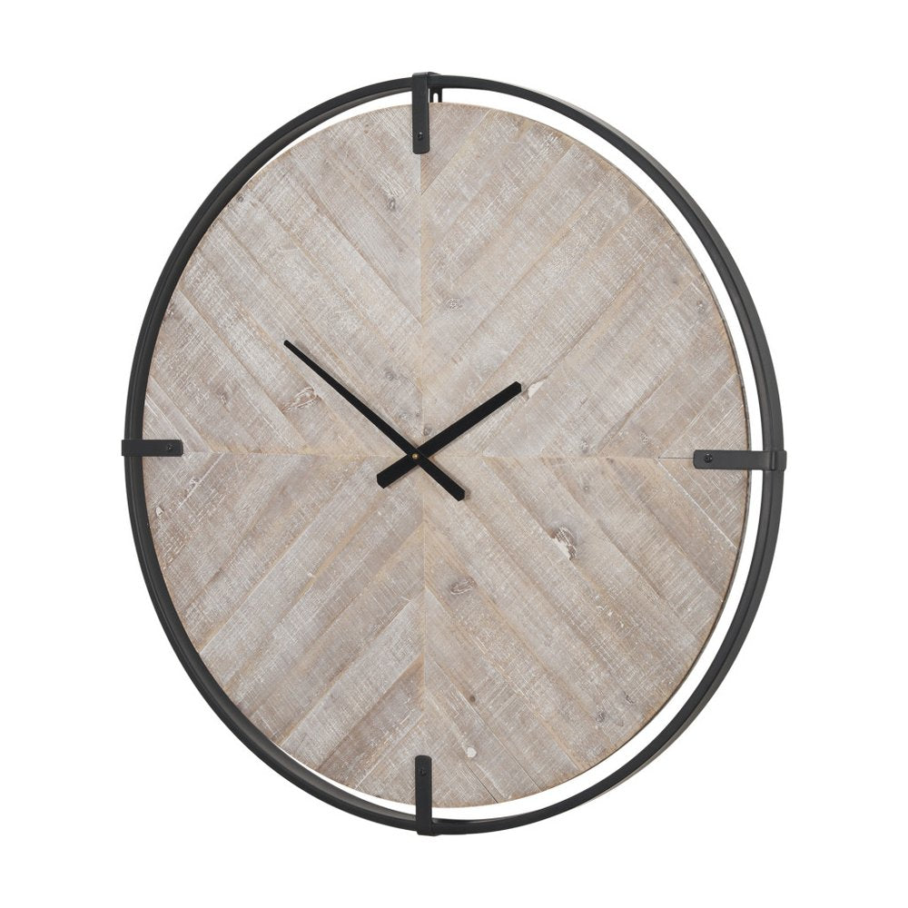 Round analog wall clock with black metal frame and distressed natural wood face.