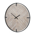 Round analog wall clock with black metal frame and distressed natural wood face.