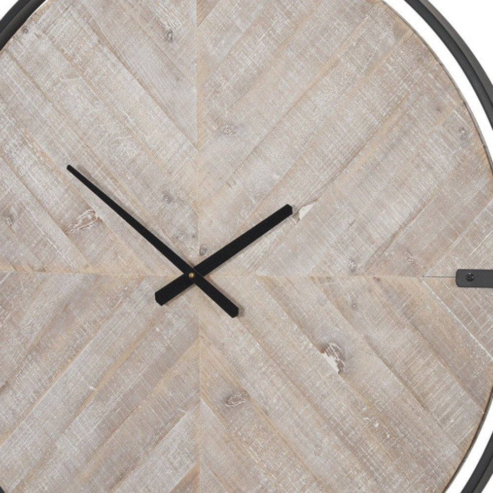 33" Black And Natural Metal And Solid Wood Analog Distressed Round Wall Clock. Wall clock isolated on a plain white background, in a tan wood finish.