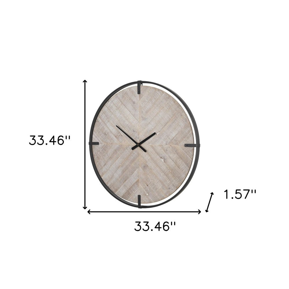 33" Black And Natural Metal And Solid Wood Analog Distressed Round Wall Clock