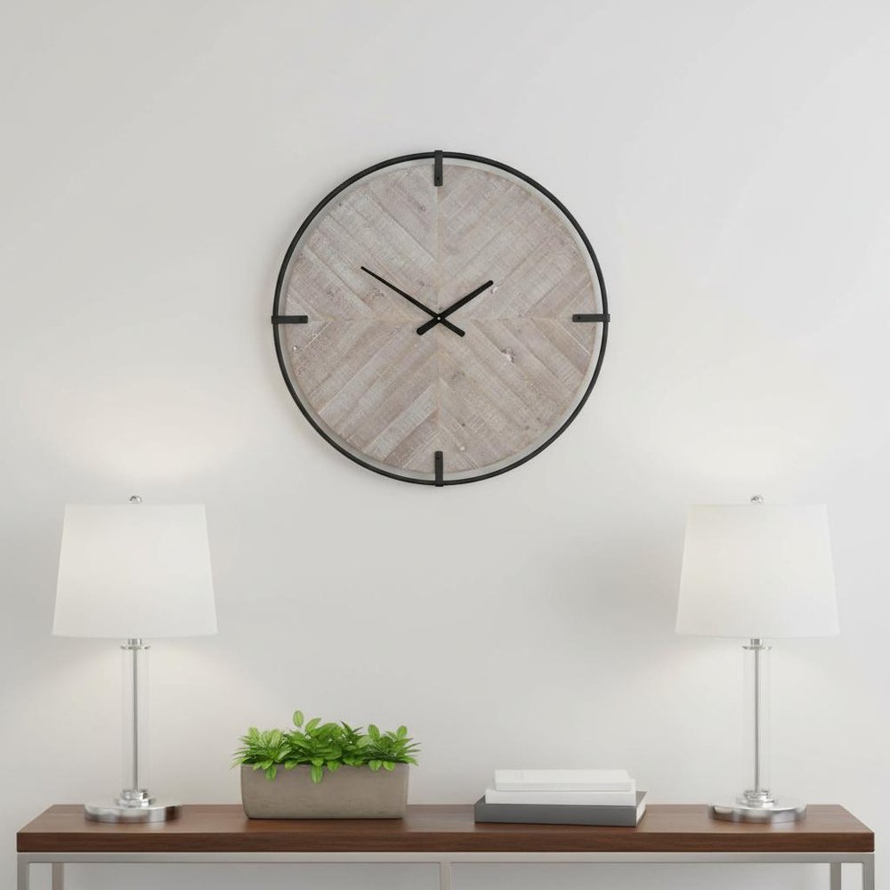 33" Black And Natural Metal And Solid Wood Analog Distressed Round Wall Clock.