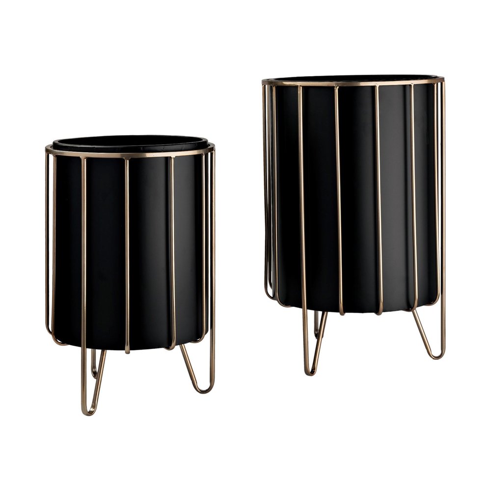 Set of Two Black Metal 20 Ounce Round Pot Planters - 20.87" H x 12.8" W x 12.8" D