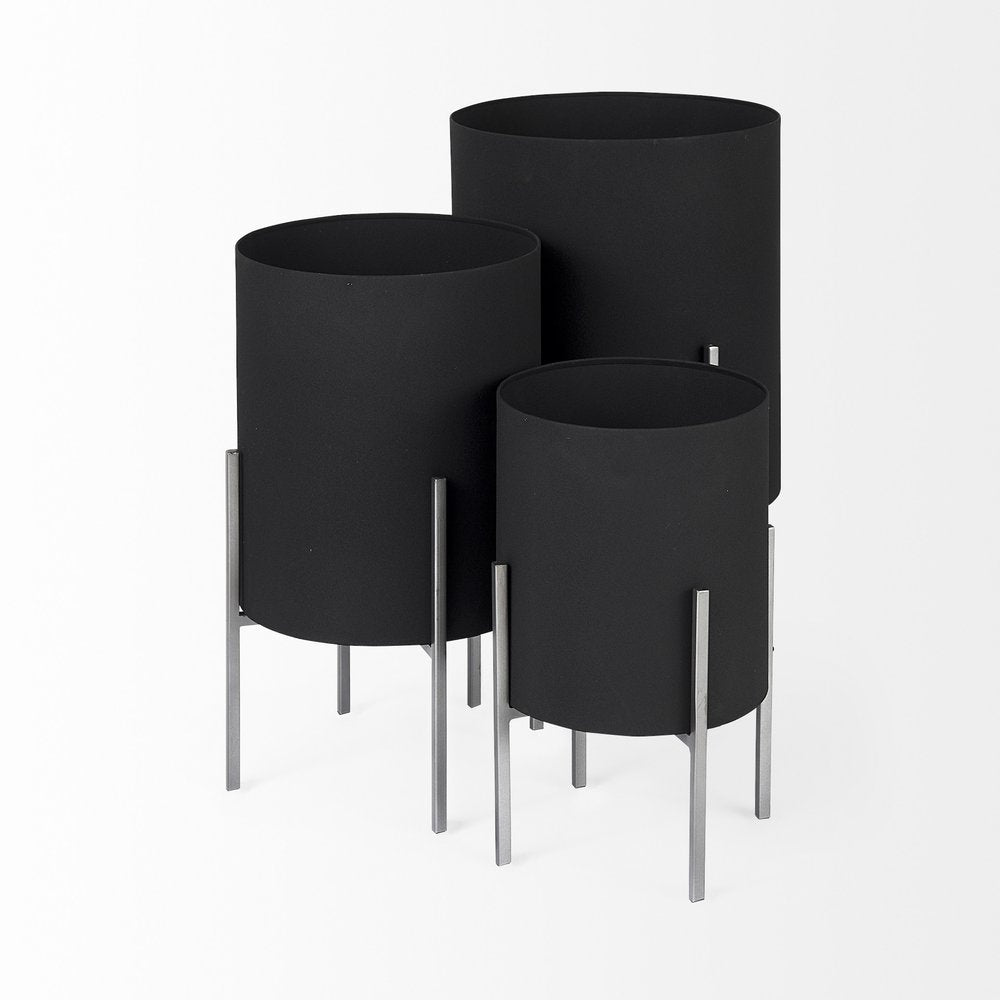 Set of Two Black Metal 20 Ounce Round Pot Planters - 24.5" H x 15" W x 15" D on a white background