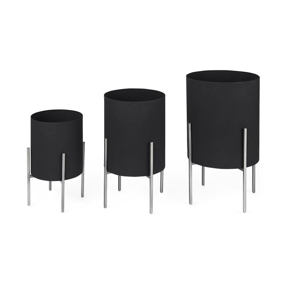 Set of Two Black Metal 20 Ounce Round Pot Planters - 24.5" H x 15" W x 15" D on a white background