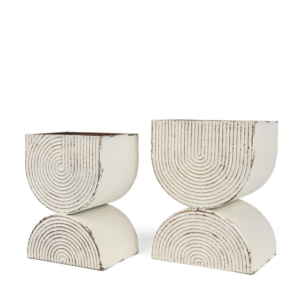 Set of Two Gold And Off White Metal 20 Ounce Geometric Rectangular Distressed Pot Planters on a white background