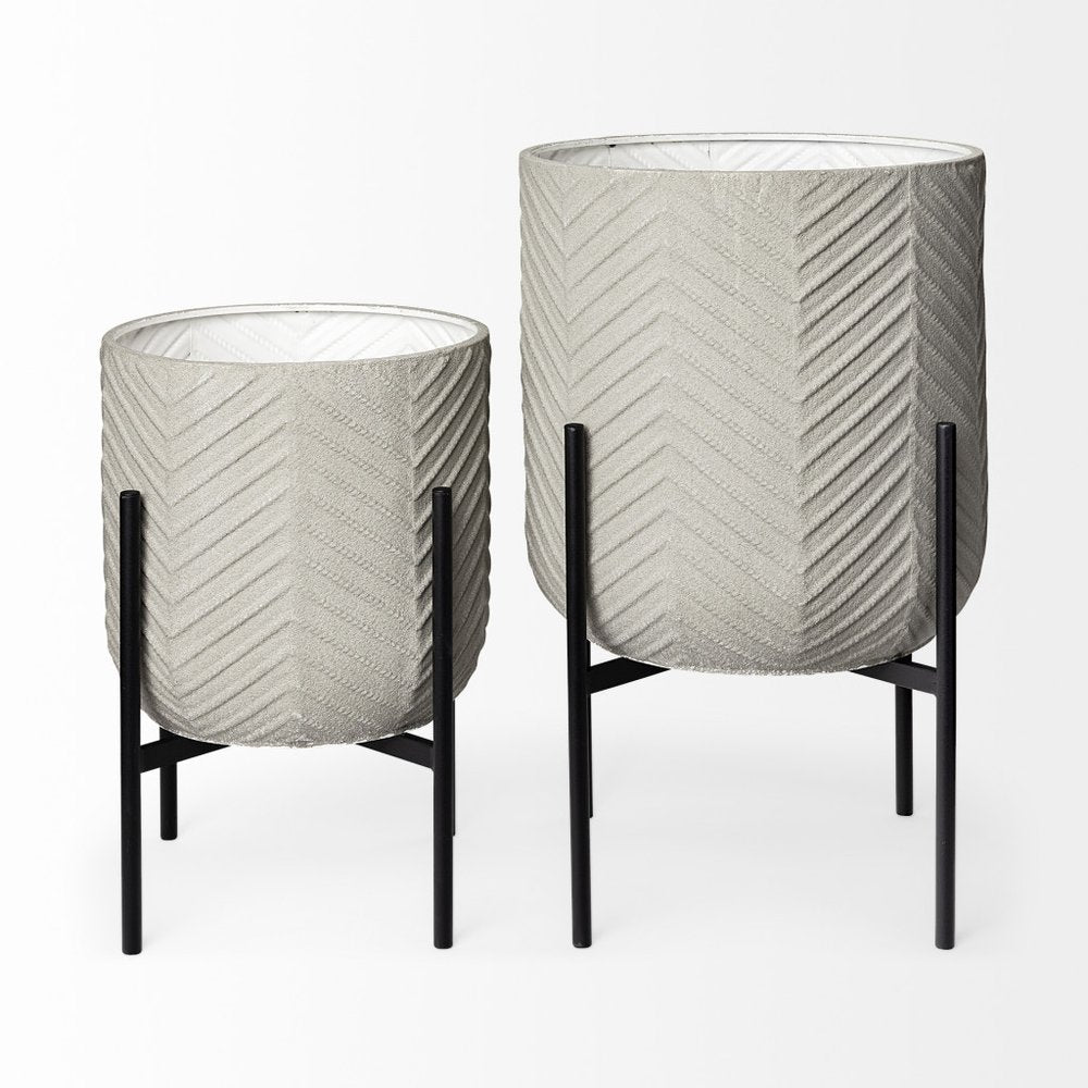 Set of Two Black Metal 20 Ounce Round Pot Planters - 24.8" H x 15.35" W x 15.35" D on a white background