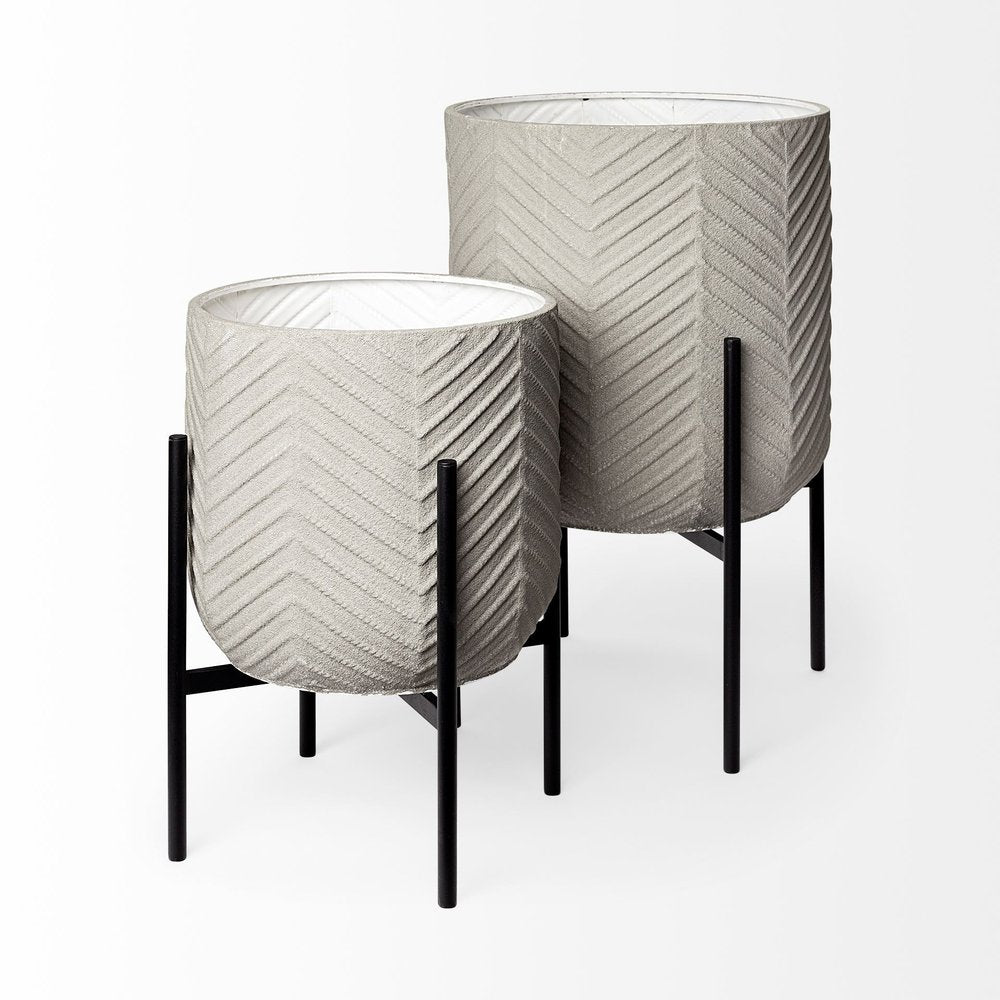 Set of Two Black Metal 20 Ounce Round Pot Planters - 24.8" H x 15.35" W x 15.35" D on a white background
