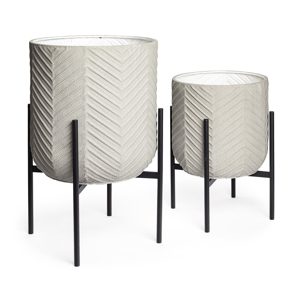 Set of Two Black Metal 20 Ounce Round Pot Planters - 24.8" H x 15.35" W x 15.35" D on a white background