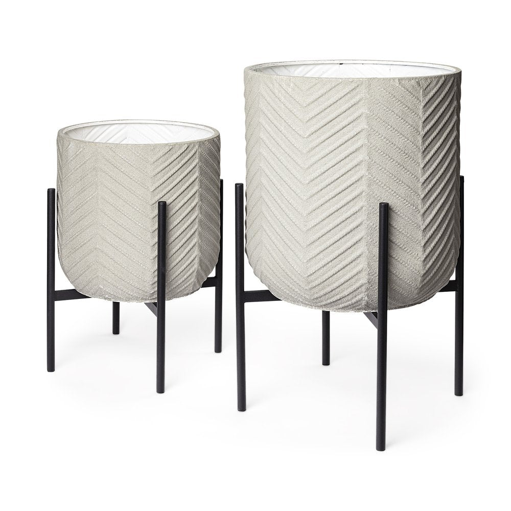 Set of Two Black Metal 20 Ounce Round Pot Planters - 24.8" H x 15.35" W x 15.35" D on a white background