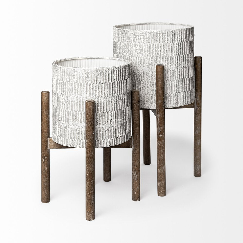 Set of Two Cream And Brown Ceramic And Wood Round Elevated Planters
