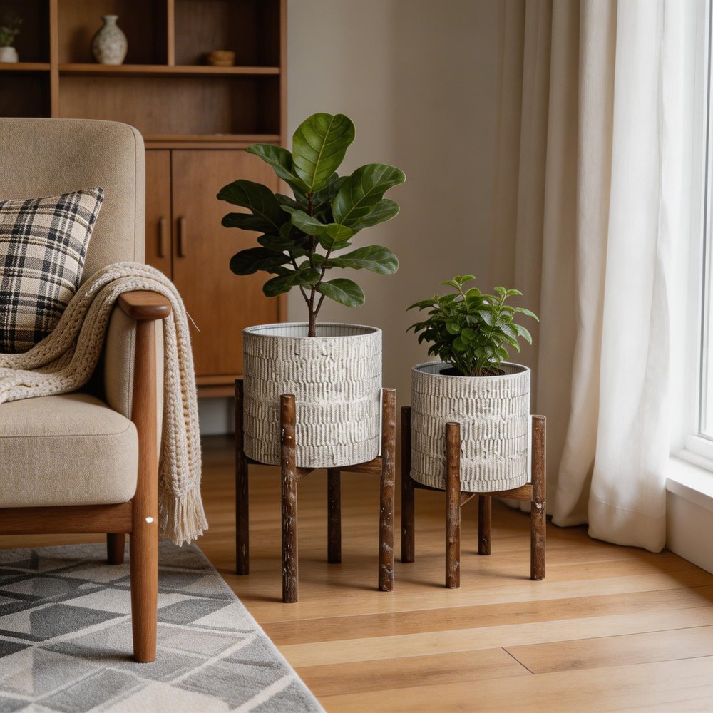 Set of Two Cream And Brown Ceramic And Wood Round Elevated Planters in a home interior