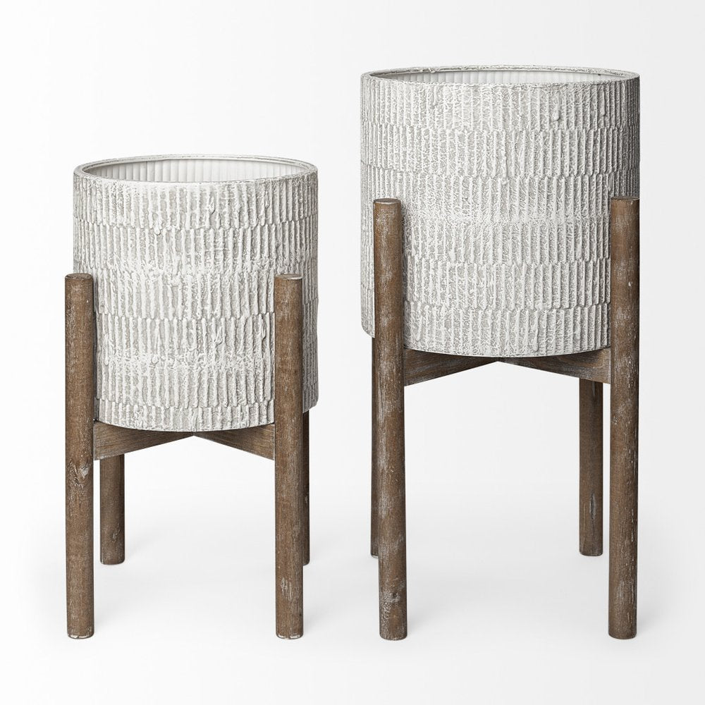 Set of Two Cream And Brown Ceramic And Wood Round Elevated Planters