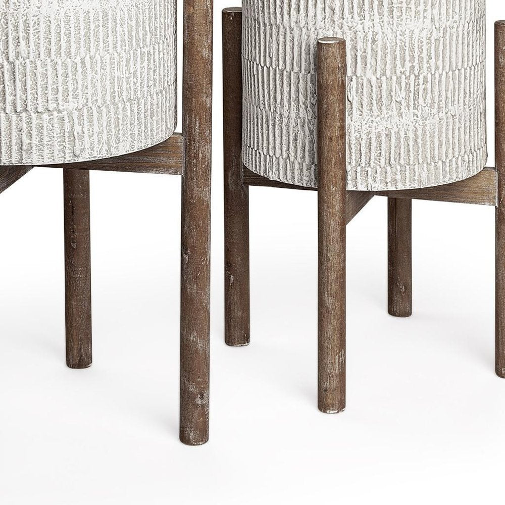 Set of Two Cream And Brown Ceramic And Wood Round Elevated Planters