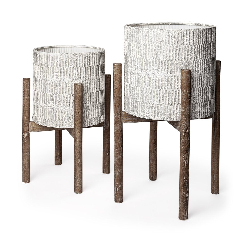 Set of Two Cream And Brown Ceramic And Wood Round Elevated Planters