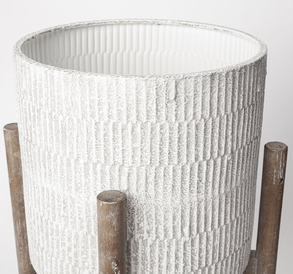 Set of Two Cream And Brown Ceramic And Wood Round Elevated Planters