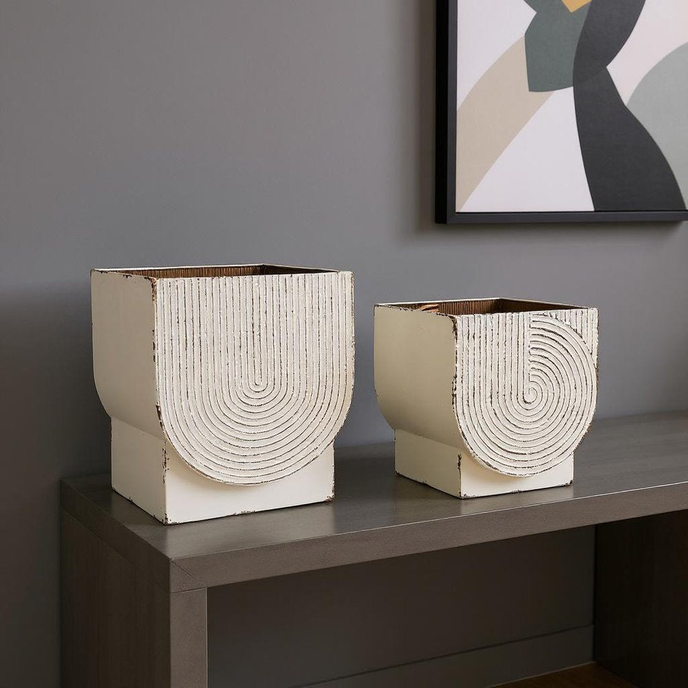 Set of Two White Metal 20 Ounce Rectangular Pot Planters in a home interior