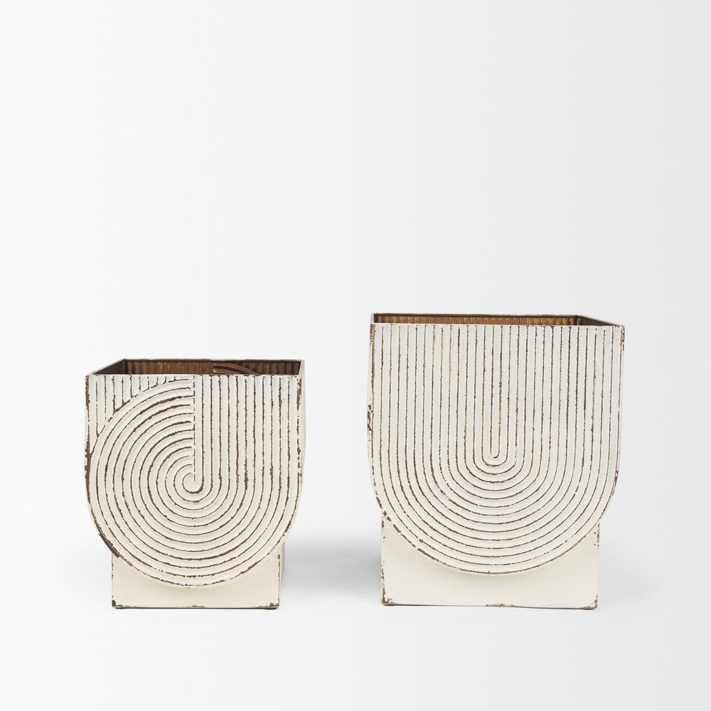 Set of Two White Metal 20 Ounce Rectangular Pot Planters on a white background