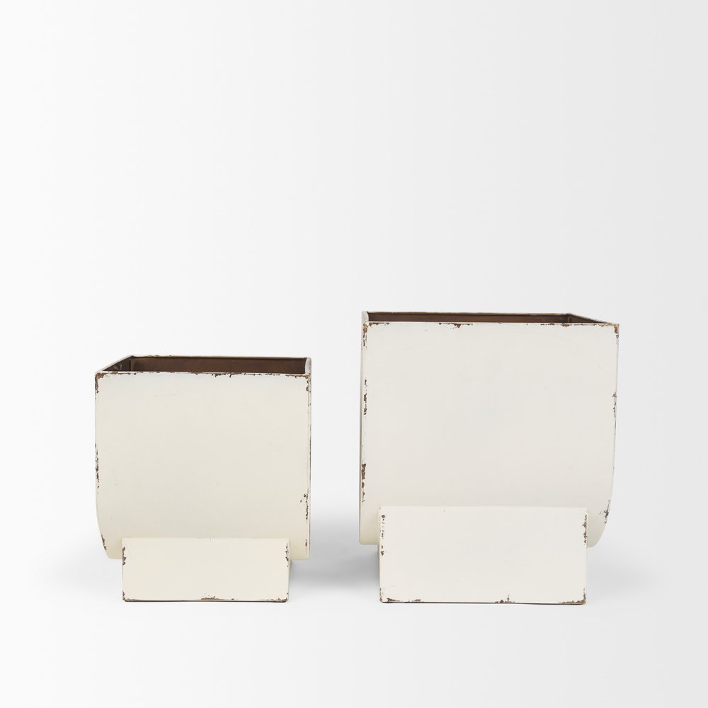 Set of Two White Metal 20 Ounce Rectangular Pot Planters on a white background