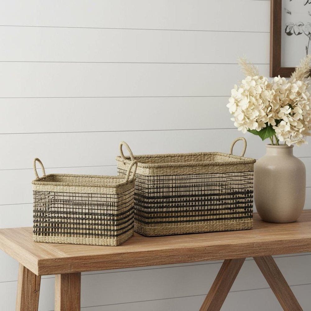 Set of Two Brown Nesting Water Hyacinth Basket in a home interior