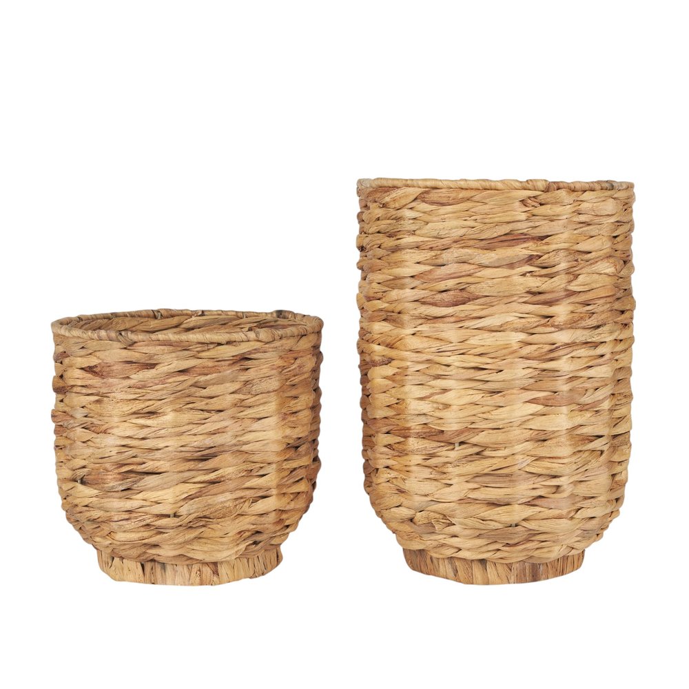 Set of Two Brown Nesting Water Hyacinth Basket With Lid on a white background