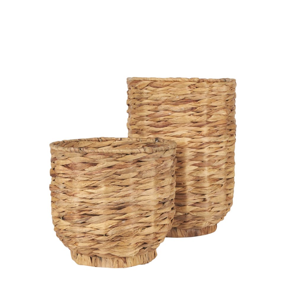Set of Two Brown Nesting Water Hyacinth Basket With Lid on a white background